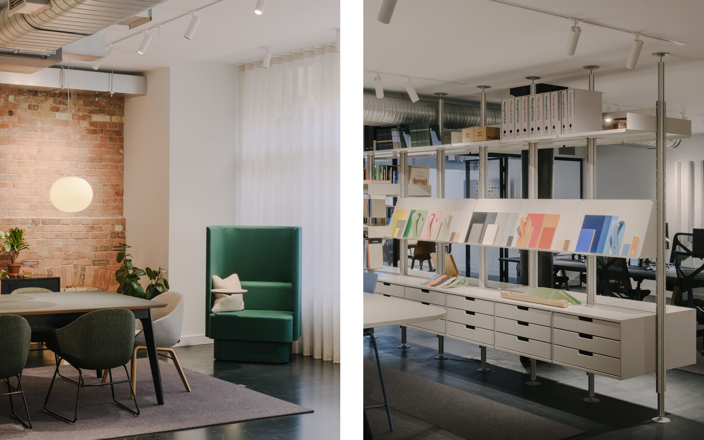Modern office space with bookshelves and seating area.