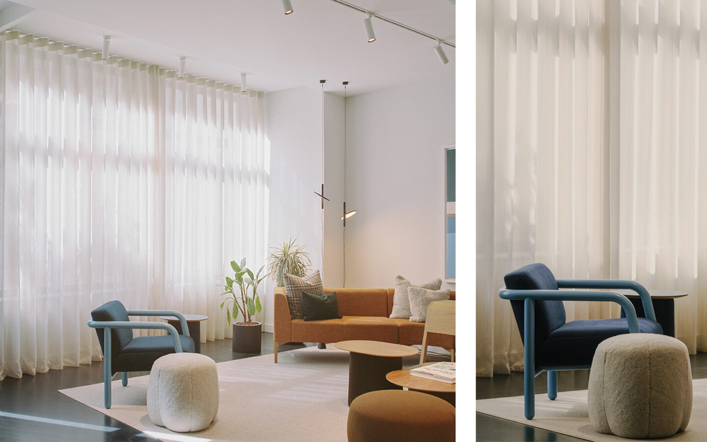 Modern living room with blue chair and plants.