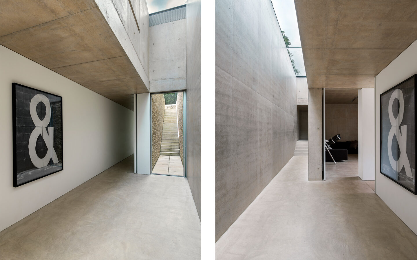 Modern concrete hallway with large artwork