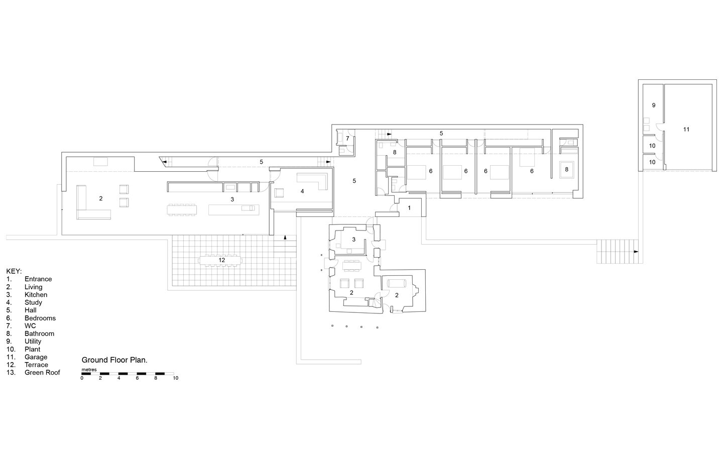 Ground floor architectural plan with labelled rooms.