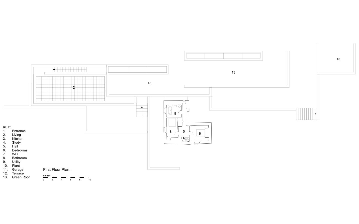 First floor architectural plan with keys indicated.