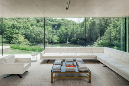 Modern living room with forest view.