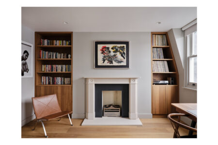 Modern living room with fireplace and bookshelves.