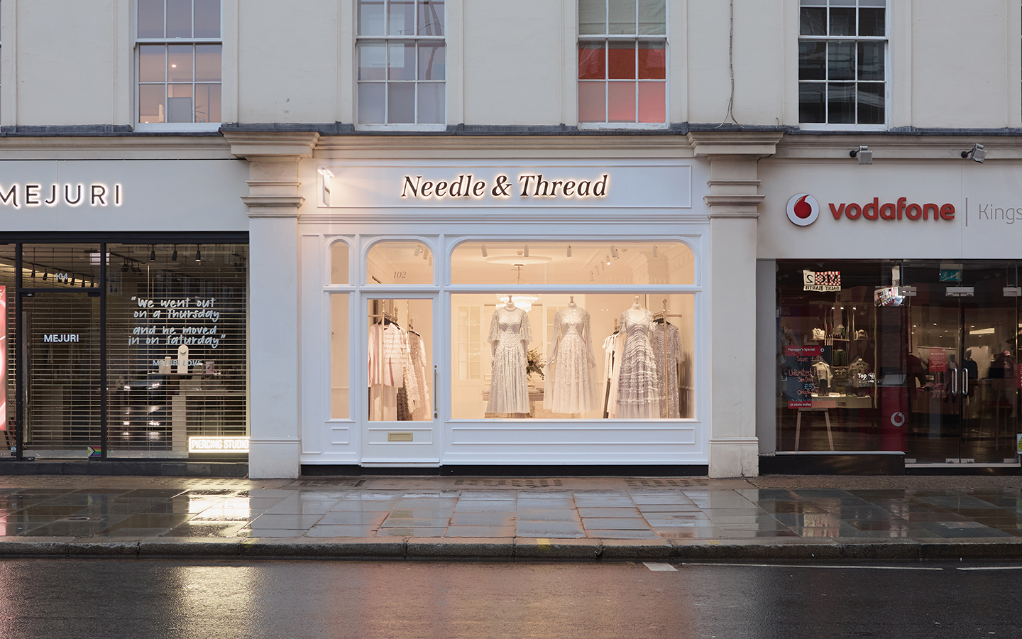 Shopfronts of Needle & Thread, Mejuri, Vodafone.