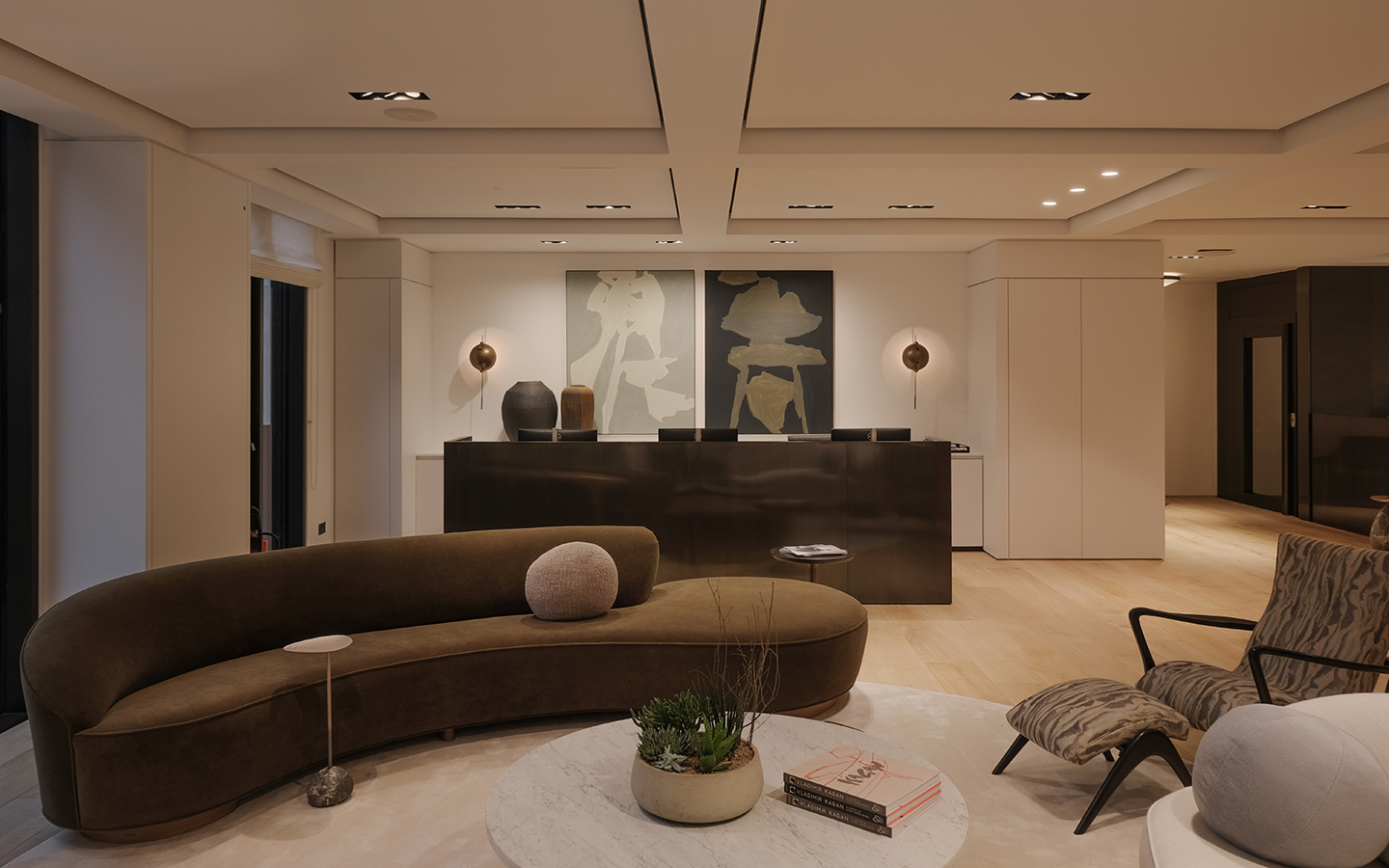 Modern, stylish hotel lounge with contemporary decor.