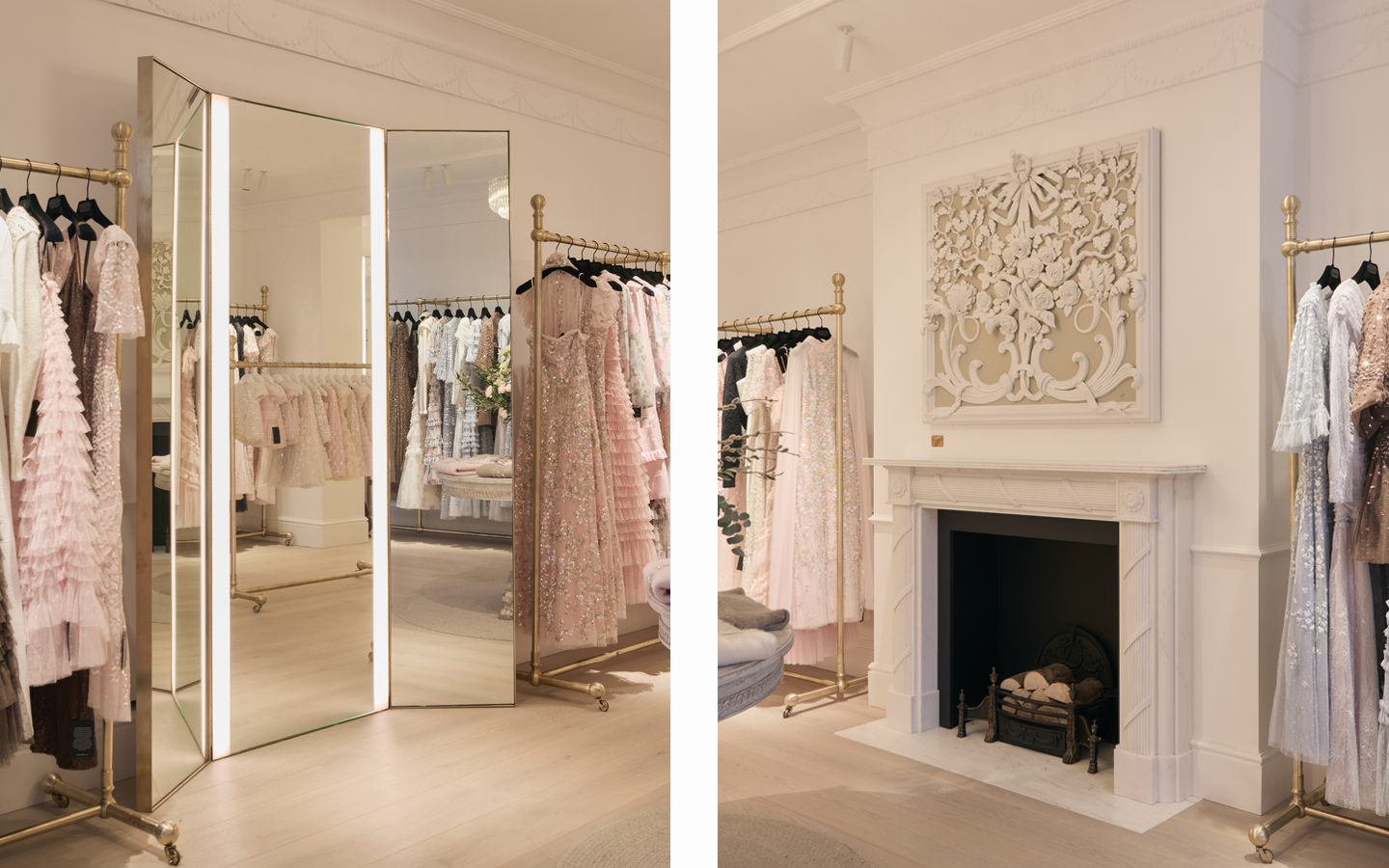 Elegant boutique interior with dresses and ornate fireplace.