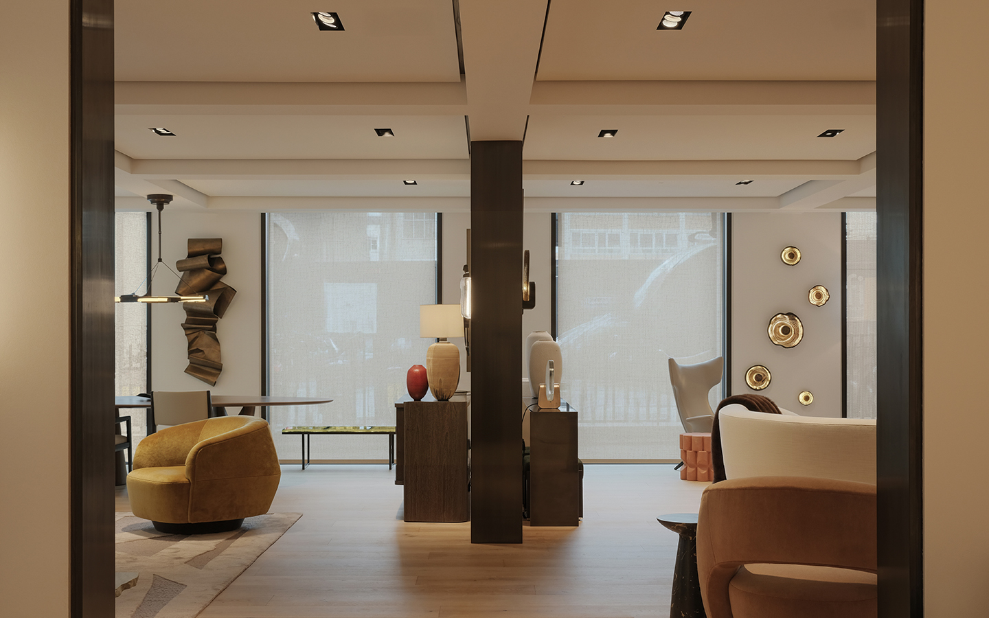 Modern living room with contemporary art decorations.