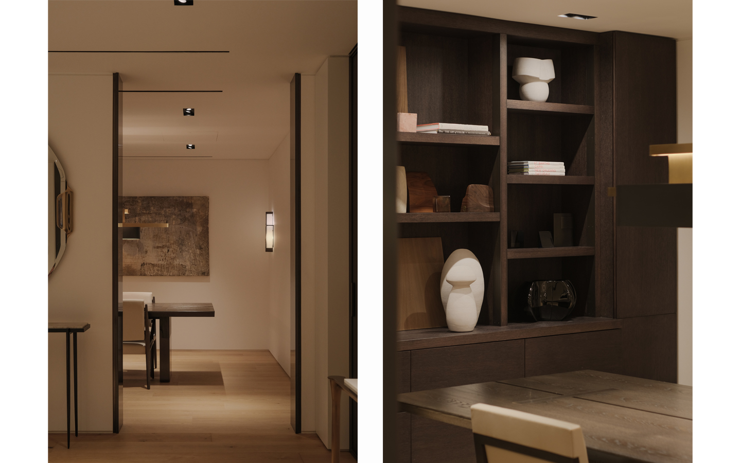 Modern dining room with wooden shelves and decor.