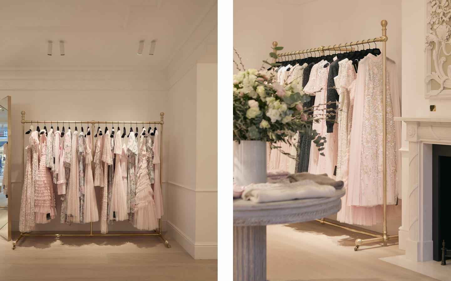 Elegant pastel dresses hanging in a boutique.