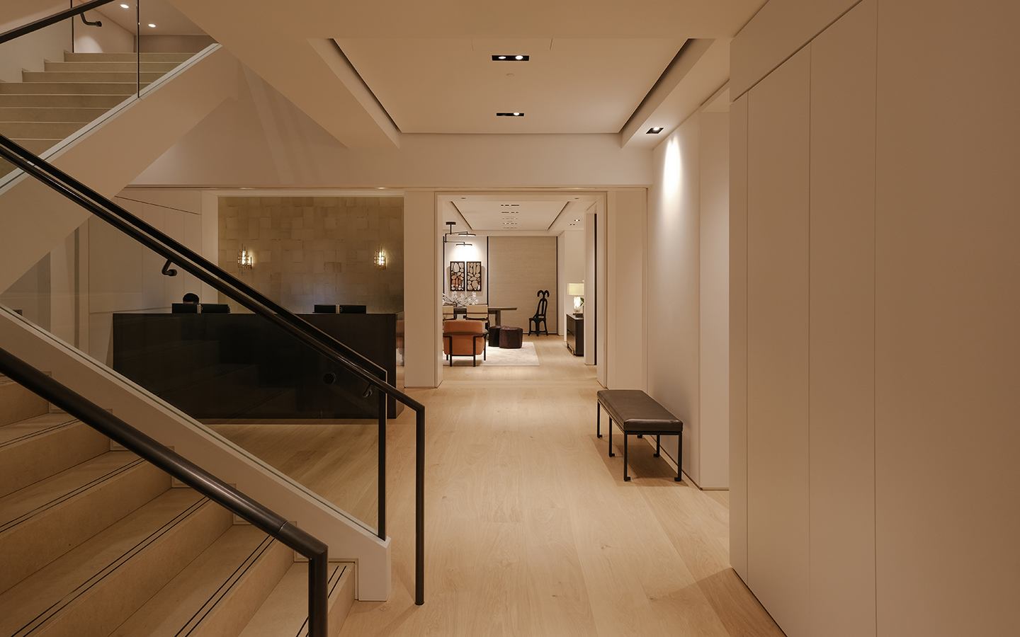 Modern interior with staircase and seating area