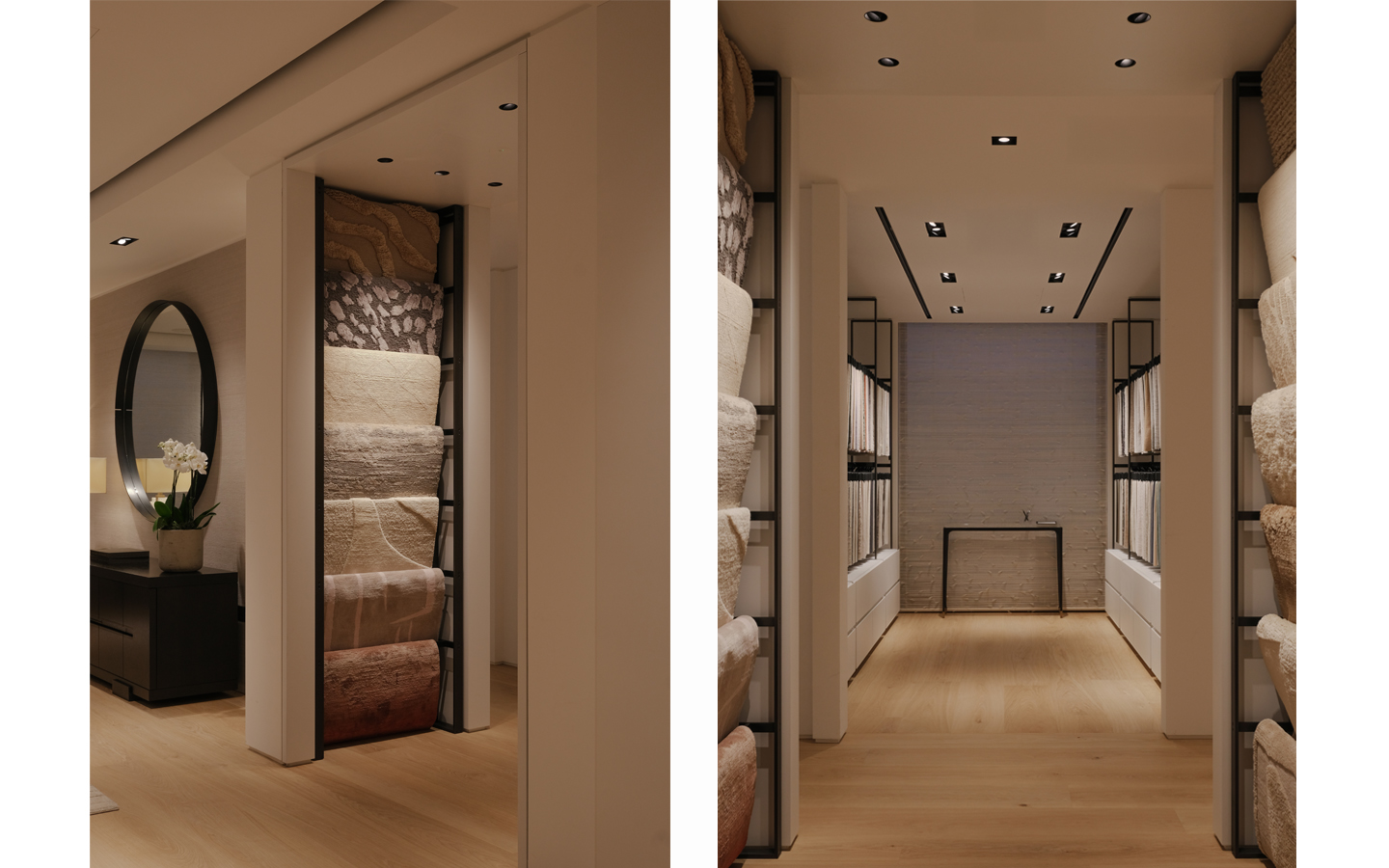 Modern interior with carpet display and wood flooring.
