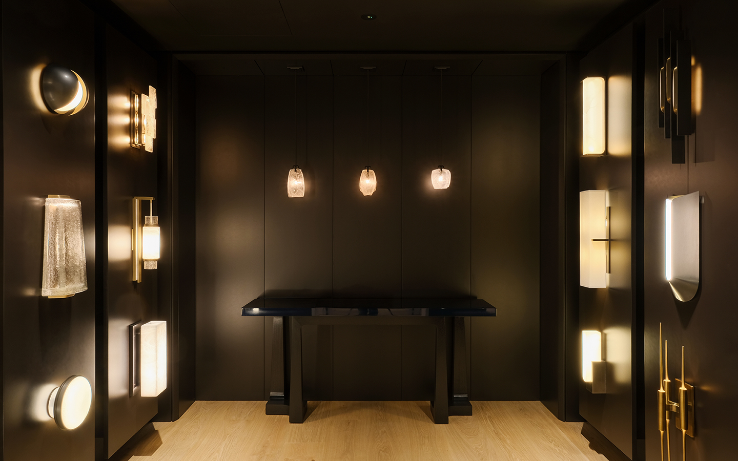 Contemporary showroom with modern wall lights.