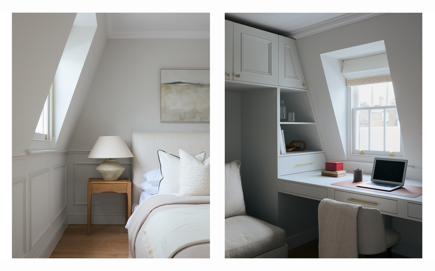 Cosy bedroom and study with desk and laptop.