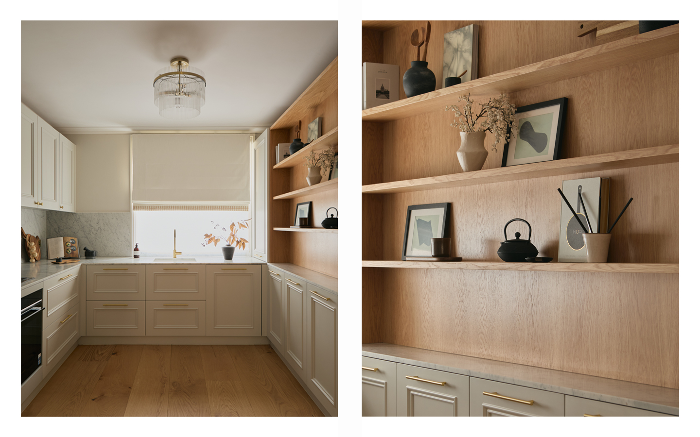 Stylish kitchen with wooden shelves and white cabinets.
