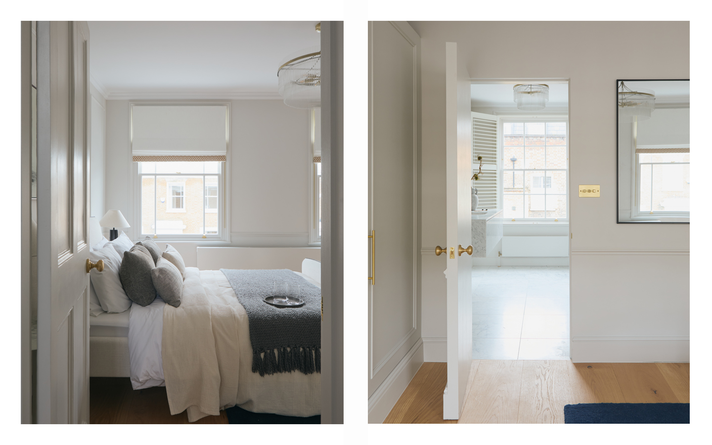 Modern bedroom and ensuite bathroom with natural light.
