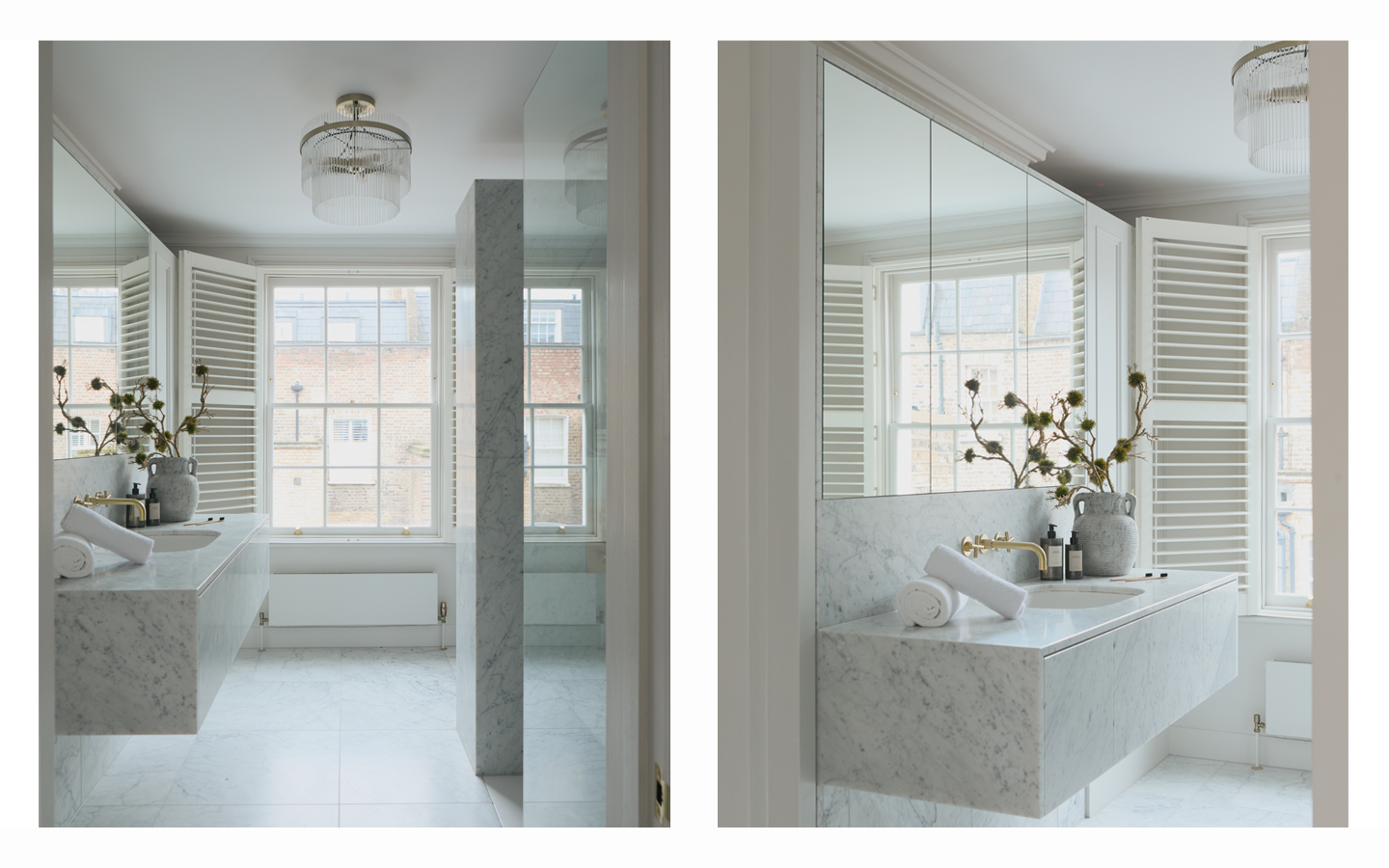 Modern bathroom with marble sink and decor.